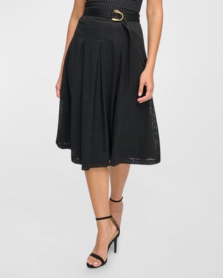 Pleated Lattice Lace A-Line Midi Skirt