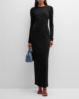 Pleated Long-Sleeve Jersey Column Gown