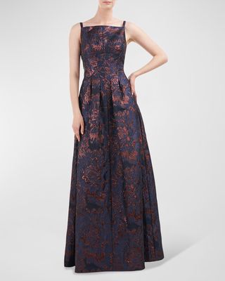 Pleated Metallic Floral Jacquard Gown