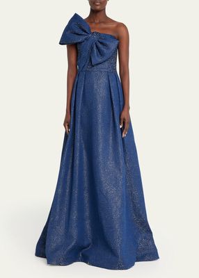 Pleated Metallic Jacquard Bow Gown