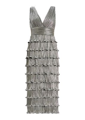 Pleated Metallic Ruffled Midi-Dress