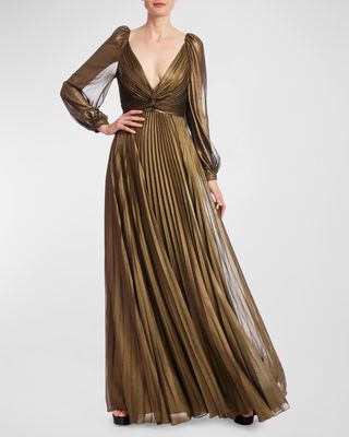 Pleated Metallic Twist-Front A-Line Gown