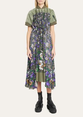 Pleated Midi Dress with Floral-Print Detail