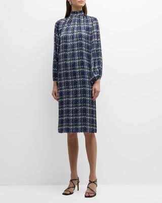 Pleated Mock-Neck Abstract-Print Midi Dress