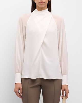 Pleated Mock-Neck Crossover Blouse