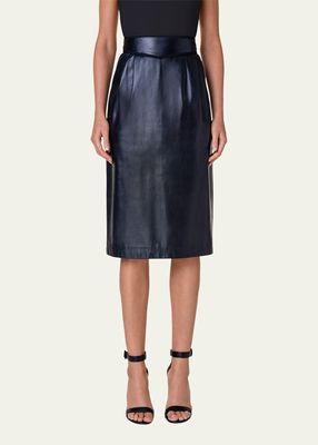 Pleated Nappa Leather Midi Skirt