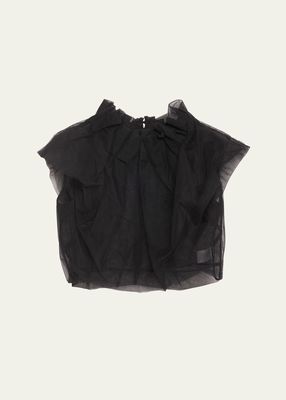 Pleated-Neck Mesh Cropped Blouse