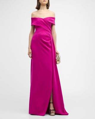 Pleated Off-Shoulder Draped Crepe Gown