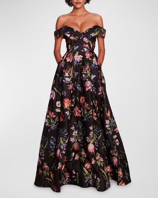 Pleated Off-Shoulder Floral-Embroidered Gown