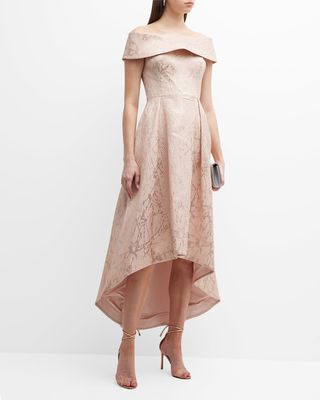 Pleated Off-Shoulder High-Low Jacquard Gown