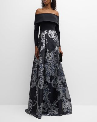 Pleated Off-Shoulder Metallic Jacquard Gown