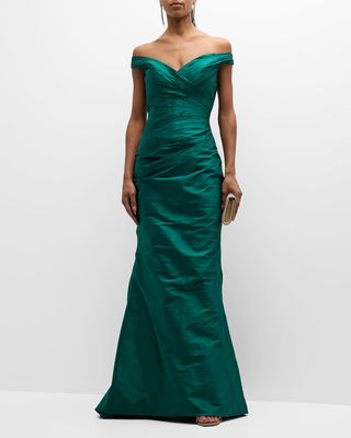Pleated Off-The-Shoulder Trumpet Gown