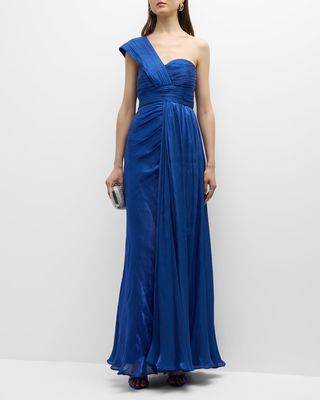 Pleated One-Shoulder Draped Gown