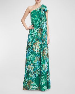 Pleated One-Shoulder Floral-Print Bow Gown
