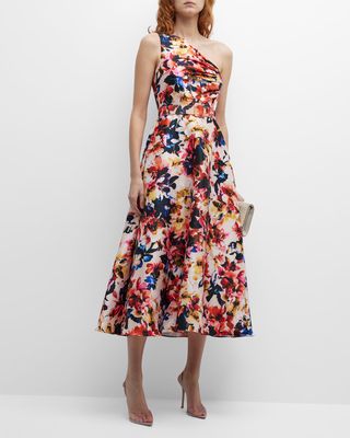 Pleated One-Shoulder Floral-Print Midi Dress