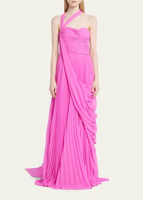 Pleated One-Shoulder Gown with Cape Detail