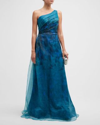 Pleated One-Shoulder Organza Gown