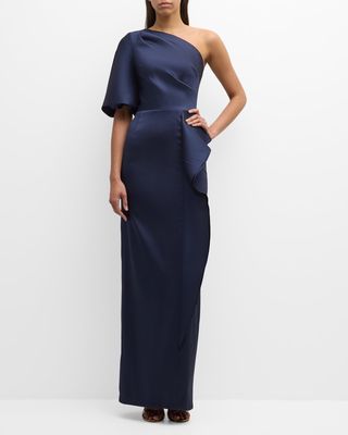 Pleated One-Shoulder Ruffle Column Gown