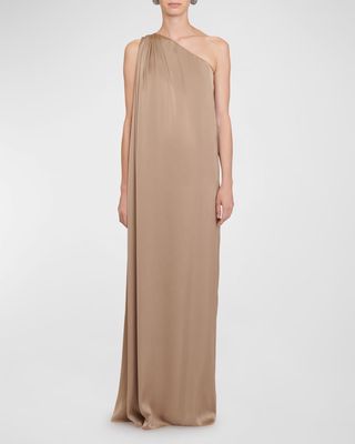 Pleated One-Shoulder Satin Gown