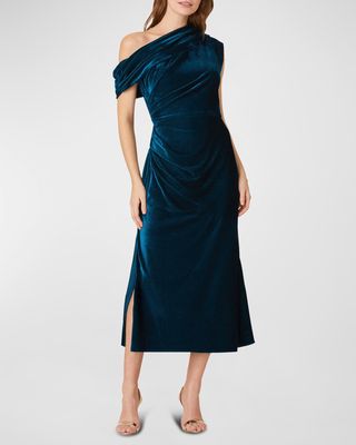 Pleated One-Shoulder Velvet Midi Dress