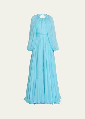 Pleated Open-Back Chiffon Gown