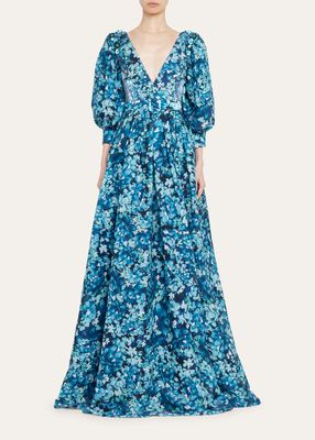 Pleated Puff-Sleeve Floral-Print Gown