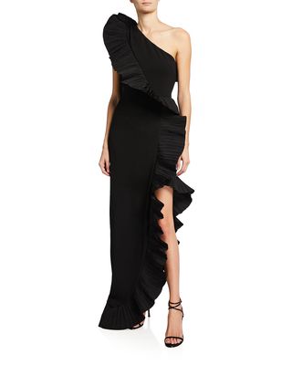 Pleated Ruffle Asymmetrical Crepe Gown