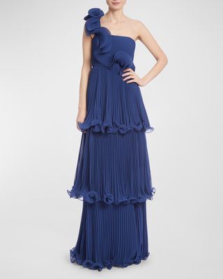 Pleated Ruffle Tiered One-Shoulder Gown
