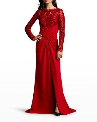 Pleated Sequin Crepe Gown