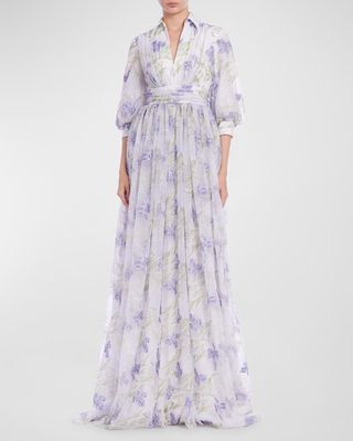 Pleated Sequin-Embellished Floral-Print Gown
