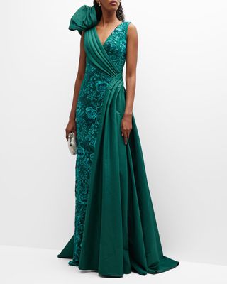 Pleated Sequin Floral-Embroidered Gown