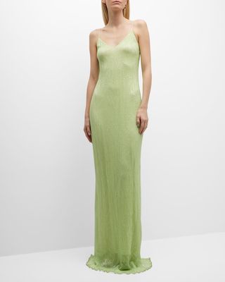 Pleated Sequin Mesh Slip Gown
