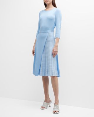 Pleated Short-Sleeve Knit Midi Dress