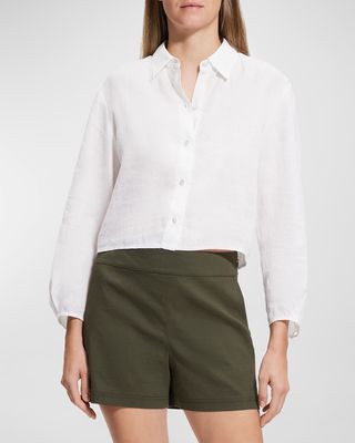 Pleated-Sleeve Silk Button-Front Shirt