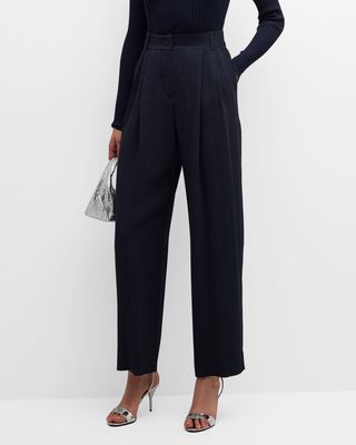 Pleated Straight-Leg Check Trousers