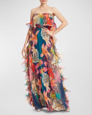Pleated Strapless Floral-Print Ruffle Gown