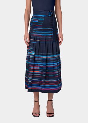 Pleated Stripe Poplin Midi Skirt