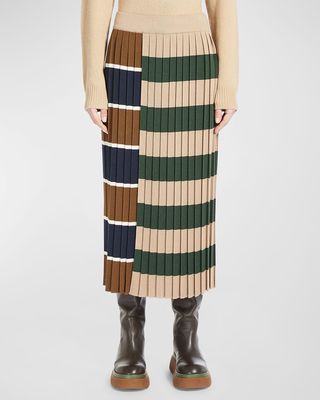Pleated Striped Straight Midi Skirt