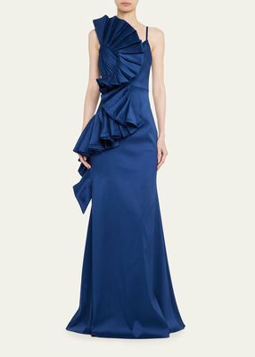 Pleated-Swirl Sleeveless A-Line Gown