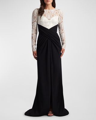 Pleated Two-Tone Crepe & Lace Column Gown