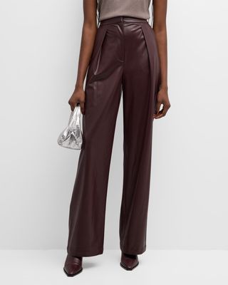 Pleated Vegan Leather Straight-Leg Pants