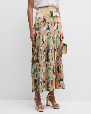 Pleated Watercolor-Print A-Line Maxi Skirt