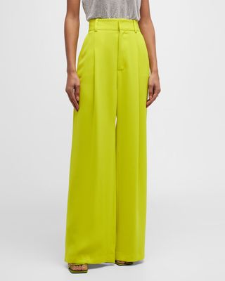 Pleated Wide-Leg Crepe Trousers with Pockets