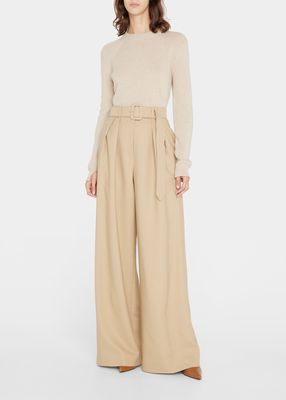 Pleated Wide-Leg Wool Trousers with Belt