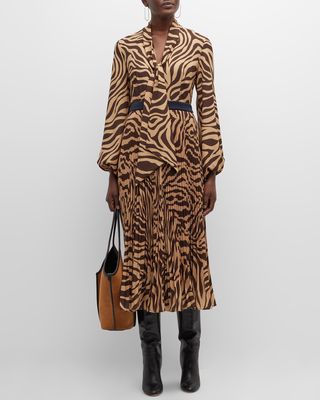 Pleated Zebra-Print Blouson-Sleeve Midi Dress