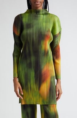 Pleats Please Issey Miyake Abstract Print Pleated Long Sleeve Dress in Spinach