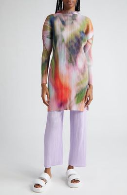 Pleats Please Issey Miyake Abstract Print Pleated Long Sleeve Dress in Turnip 