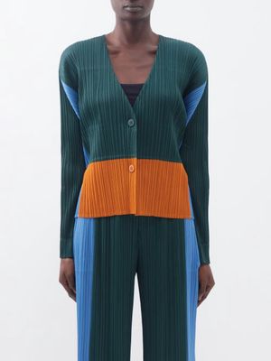 Pleats Please Issey Miyake - Colour-block Technical-pleated Jacket - Womens - Dark Green