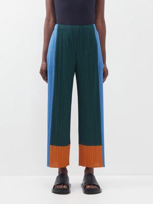 Pleats Please Issey Miyake - Colour-block Technical-pleated Trousers - Womens - Dark Green