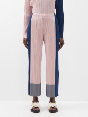 Pleats Please Issey Miyake - Colour-block Technical-pleated Trousers - Womens - Pink Multi